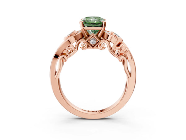 Rose Gold Radiant Cut Vintage Swirl Engagement Ring Setting for Fancy Green Center