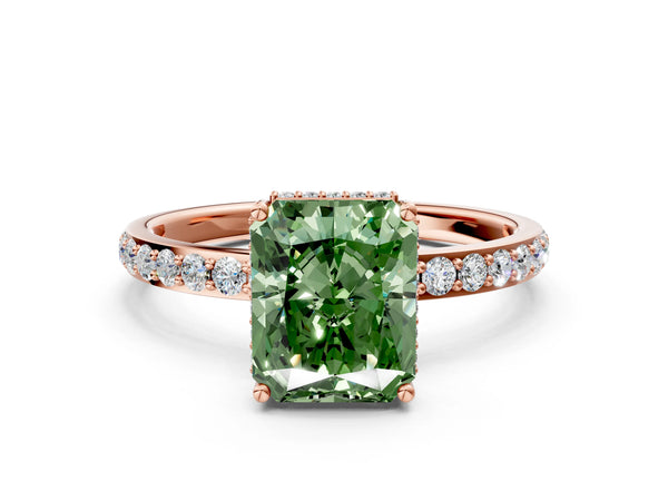 Rose gold Fancy Green Radiant Cut Diamond Solitaire Ring with Pavé Band and Hidden Halo