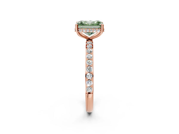 Rose gold Fancy Green Radiant Cut Diamond Solitaire Ring with Pavé Band and Hidden Halo