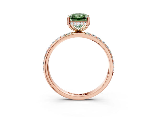 Rose gold Fancy Green Radiant Cut Diamond Solitaire Ring with Pavé Band and Hidden Halo