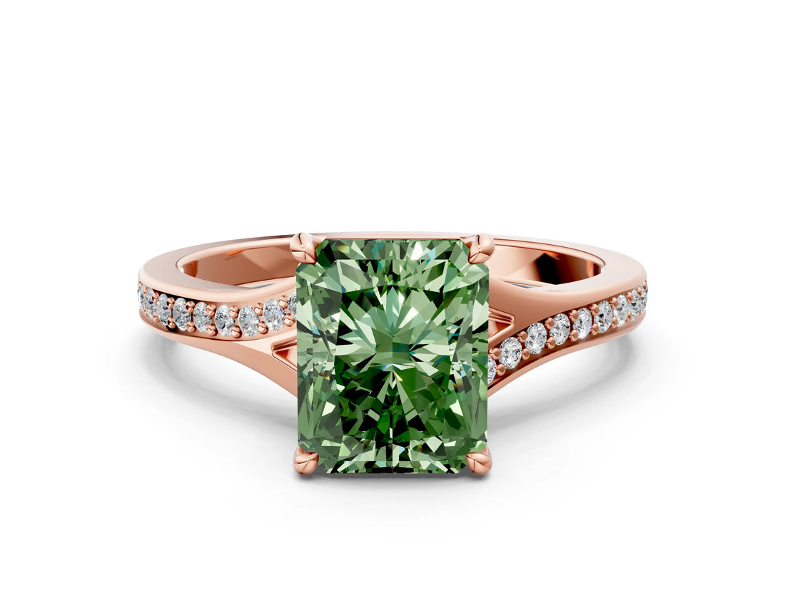 Rose gold Fancy Green Radiant Cut Diamond Solitaire Ring with Pavé Band and Prong Setting_12