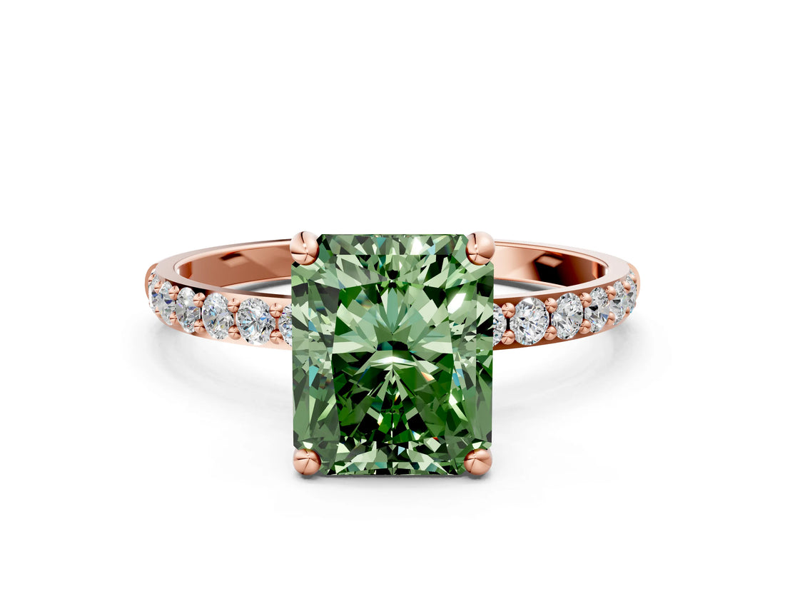 Rose gold Fancy Green Radiant Cut Diamond Solitaire Ring with Pave Band and Four Prong Setting_72