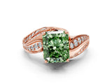 Rose gold Fancy Green Radiant Cut Diamond Solitaire Ring with Prong Setting and Twisted Pavé Band