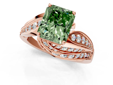 Rose gold Fancy Green Radiant Cut Diamond Solitaire Ring with Prong Setting and Twisted Pavé Band_1