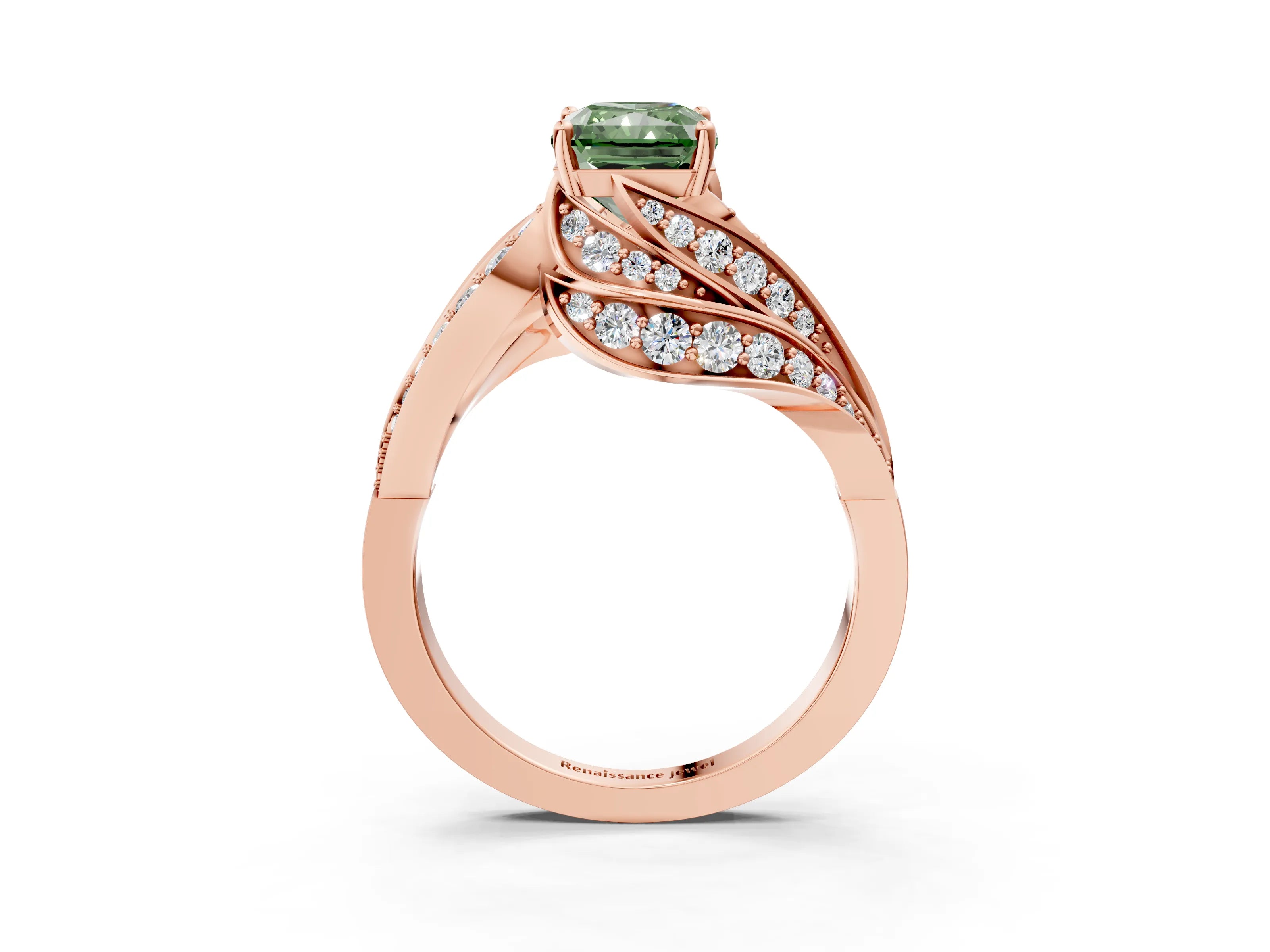 Rose gold Fancy Green Radiant Cut Diamond Solitaire Ring with Prong Setting and Twisted Pavé Band_3