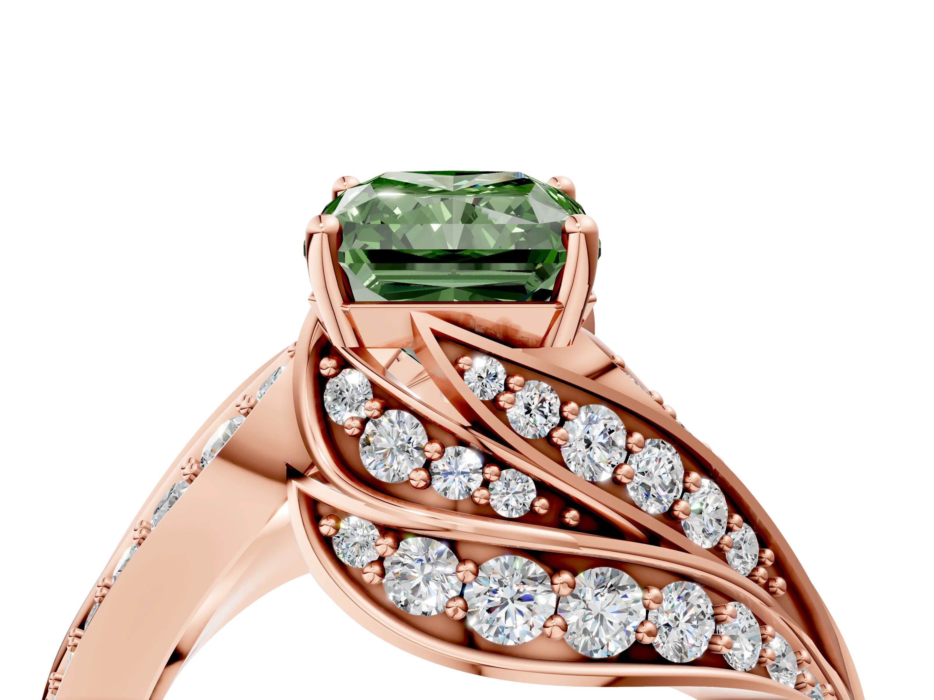 Rose gold Fancy Green Radiant Cut Diamond Solitaire Ring with Prong Setting and Twisted Pavé Band_4