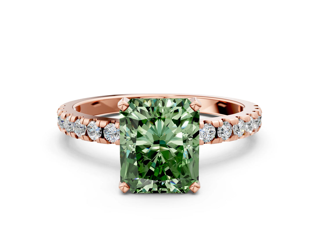 Rose gold Fancy Green Radiant Cut Diamond Solitaire Ring with Round  Pavé Band and Four-Prong Setting_44