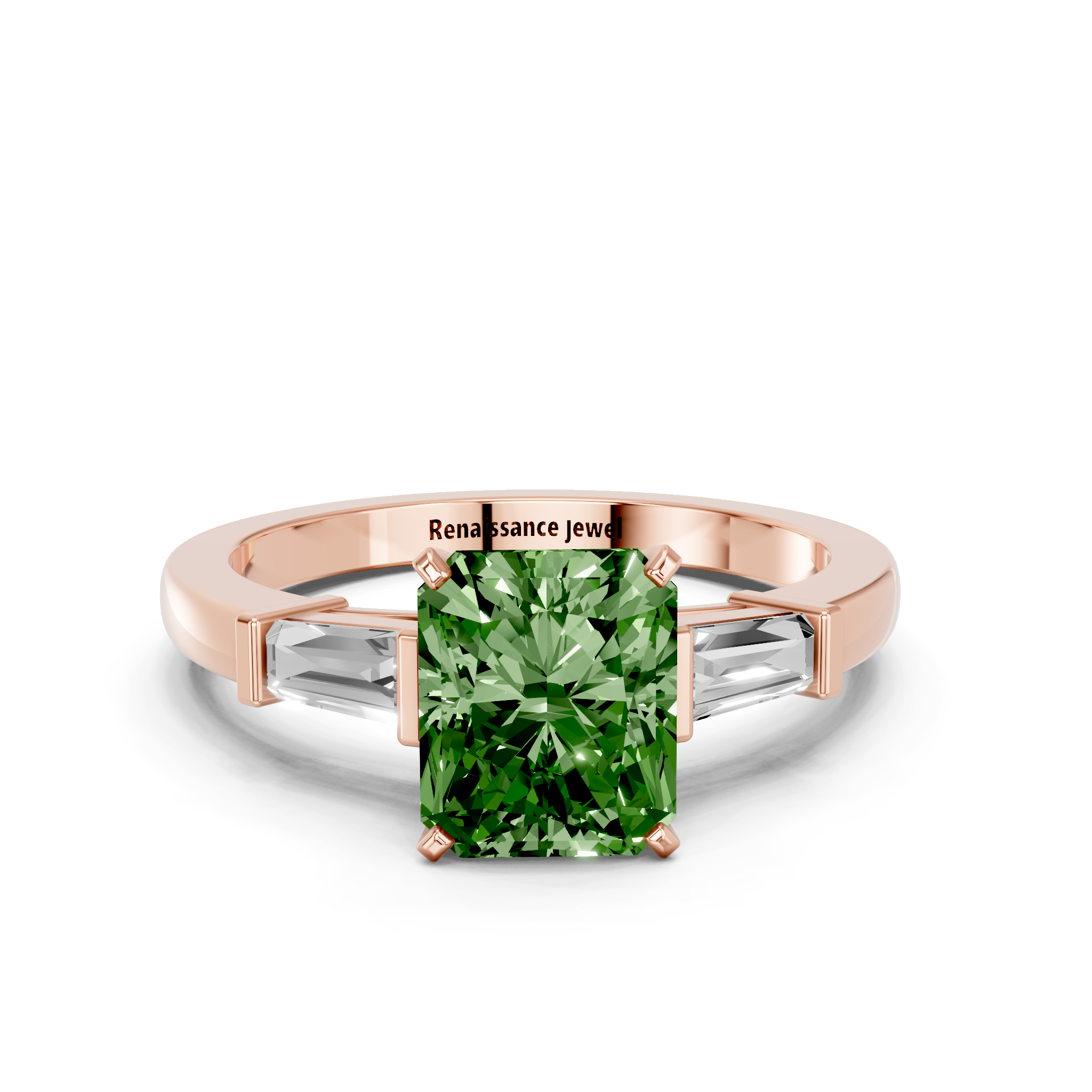 Rose gold Fancy Green Radiant  Cut Diamond Solitaire Ring with Tapered Baguette Accents and Four-Prong Setting_11