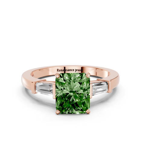 Rose gold Fancy Green Radiant  Cut Diamond Solitaire Ring with Tapered Baguette Accents and Four-Prong Setting_11
