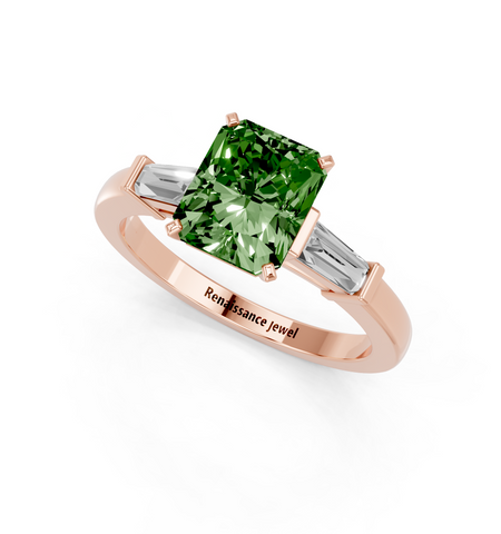 Rose gold Fancy Green Radiant  Cut Diamond Solitaire Ring with Tapered Baguette Accents and Four-Prong Setting_3