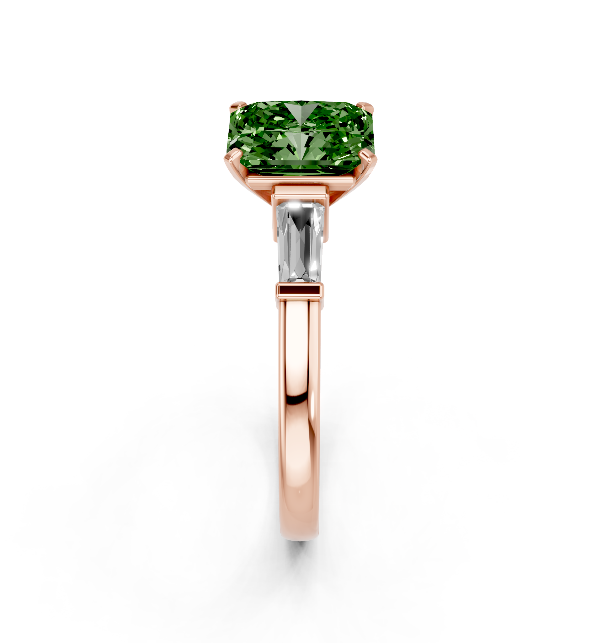 Rose gold Fancy Green Radiant  Cut Diamond Solitaire Ring with Tapered Baguette Accents and Four-Prong Setting_4