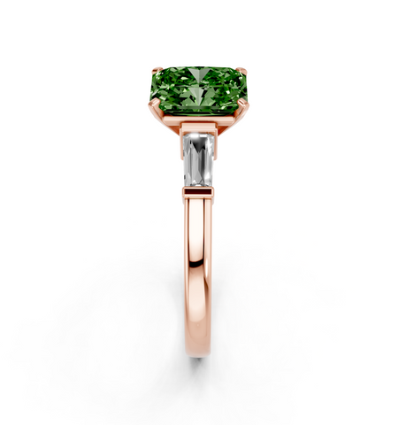 Rose gold Fancy Green Radiant  Cut Diamond Solitaire Ring with Tapered Baguette Accents and Four-Prong Setting_4