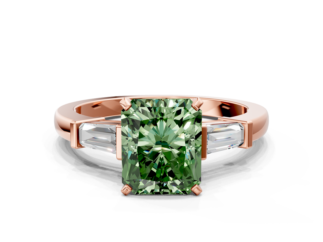 Rose gold Fancy Green Radiant  Cut Diamond Solitaire Ring with Tapered Baguette Accents and Four-Prong Setting_75
