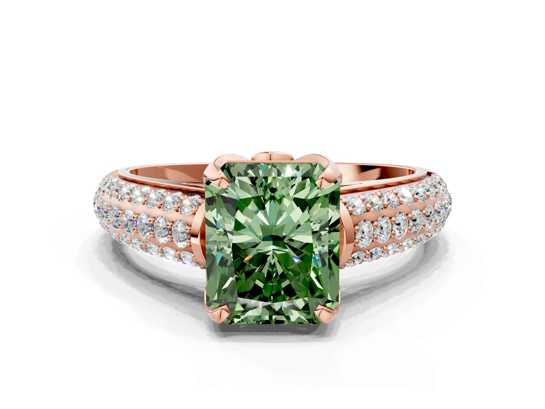 Rose gold Fancy Green Radiant Cut Diamond Solitaire Ring with Three-Row Pavé Band and Four-Prong Setting_36