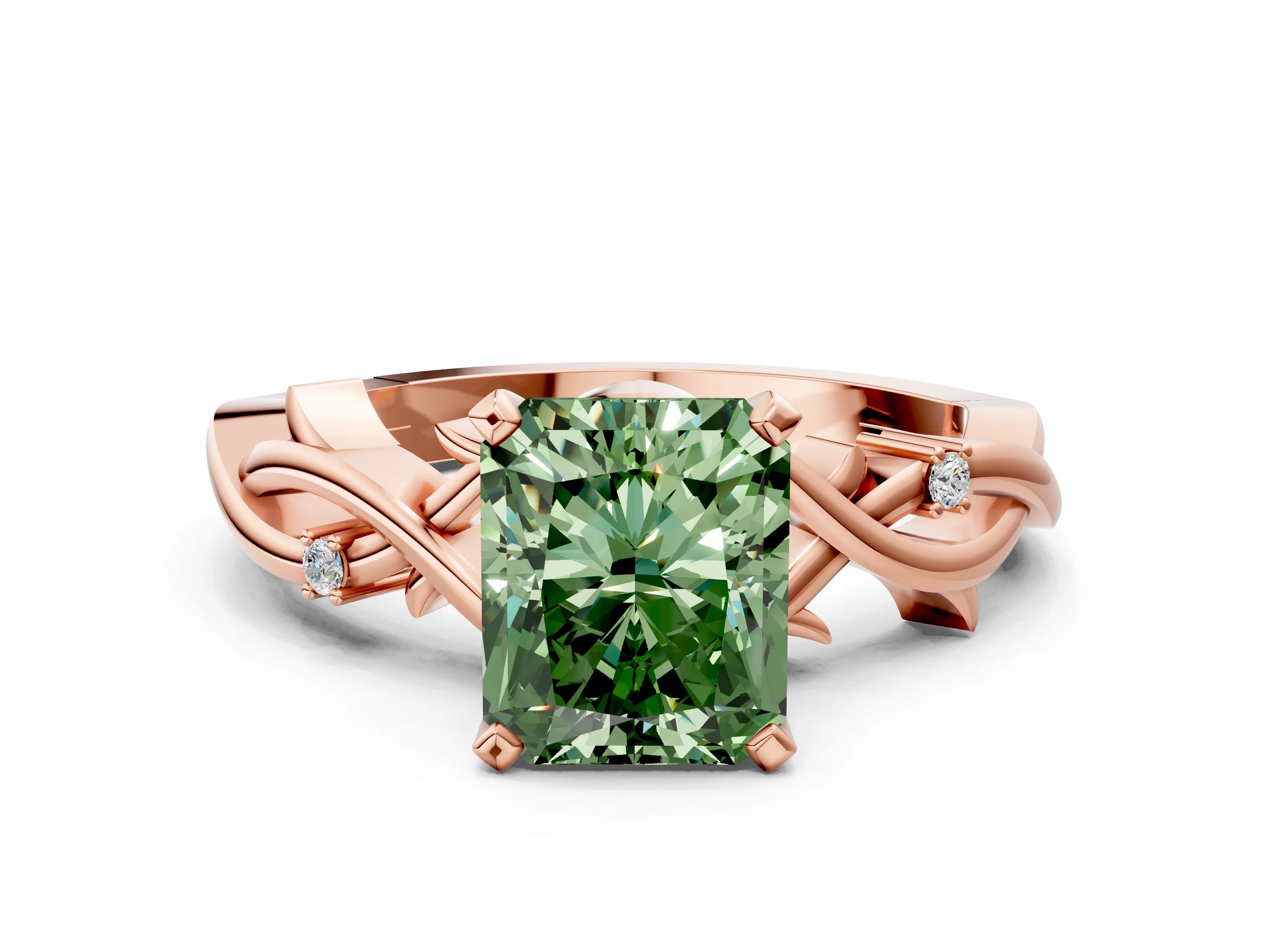 Rose gold Fancy Green Radiant Cut Diamond Solitaire Ring with Twisted Band and Prong Setting_204