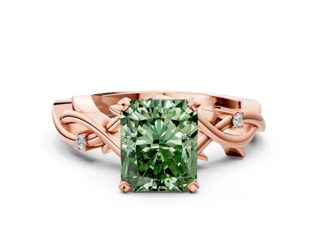 Rose gold Fancy Green Radiant Cut Diamond Solitaire Ring with Twisted Band and Prong Setting_204