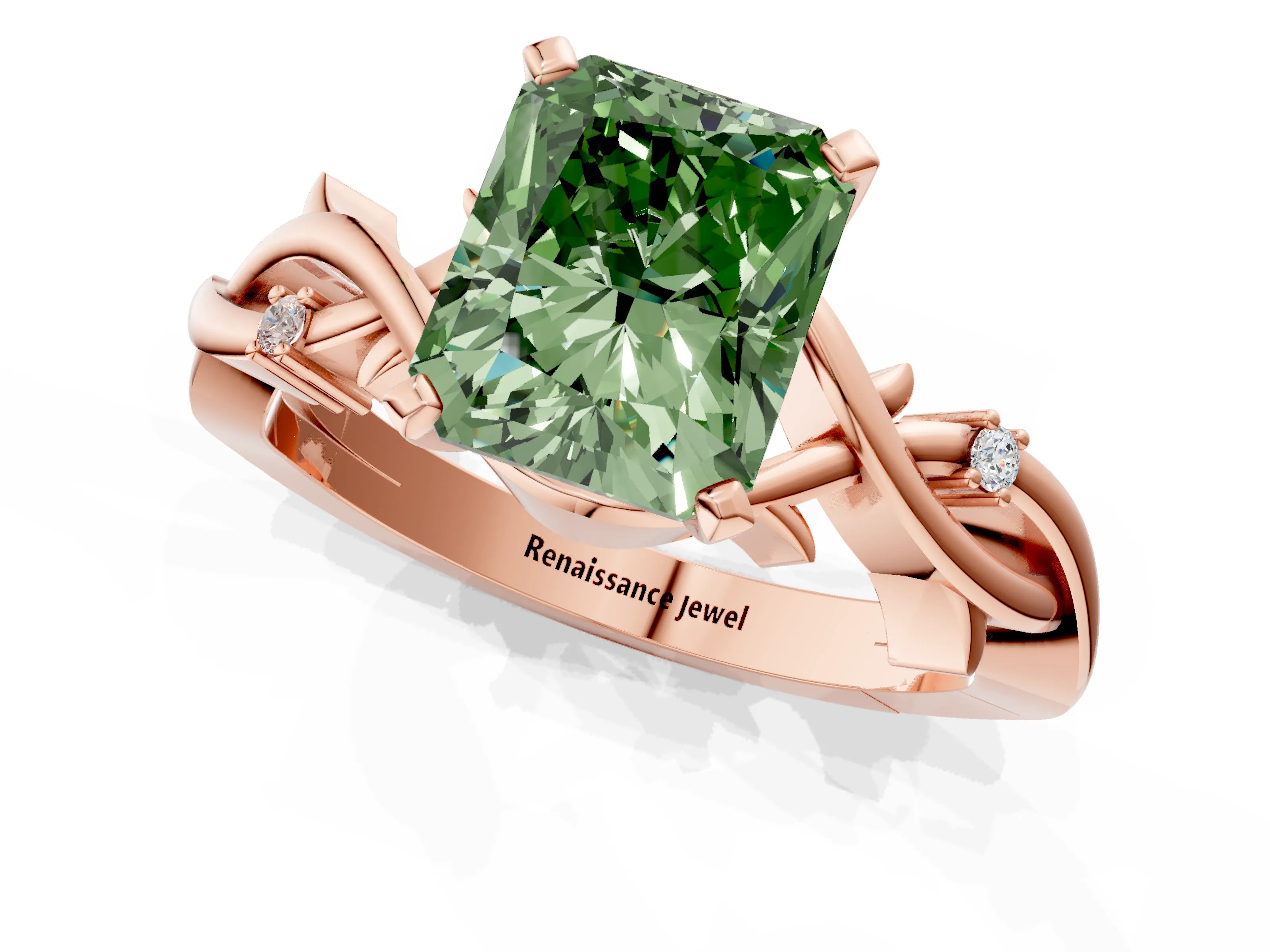 Rose gold Fancy Green Radiant Cut Diamond Solitaire Ring with Twisted Band and Prong Setting_205
