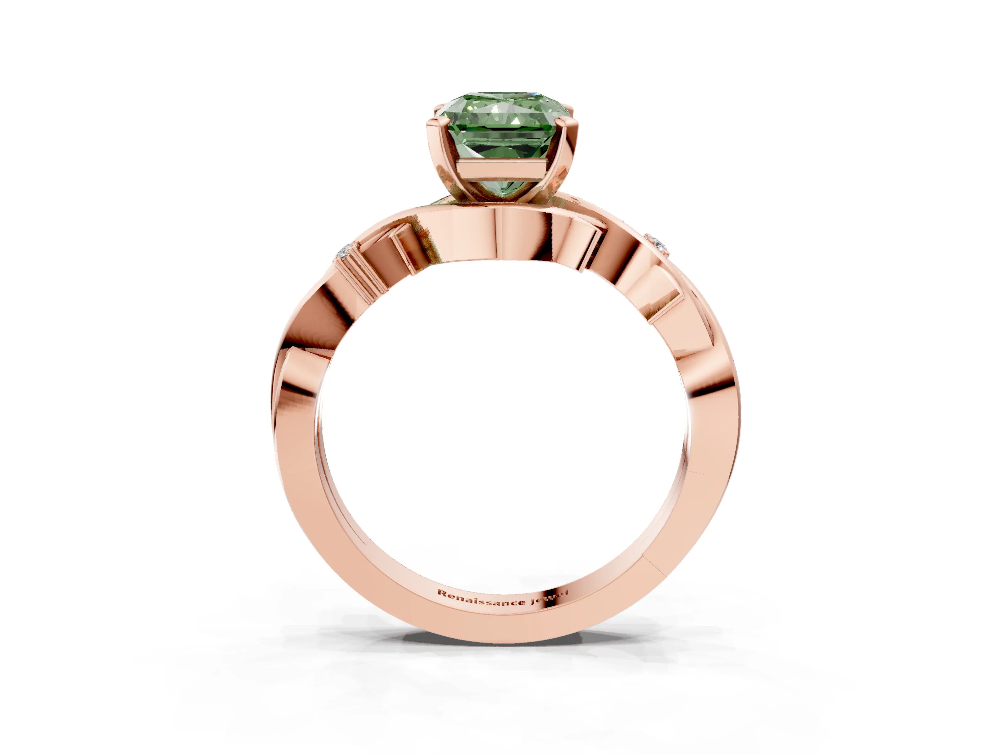 Rose gold Fancy Green Radiant Cut Diamond Solitaire Ring with Twisted Band and Prong Setting_207