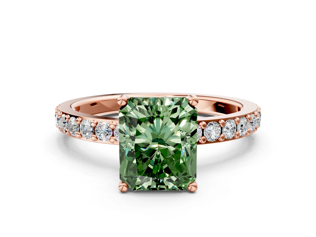 Rose gold Fancy Green Radiant  Cut Diamond Solitaire with Pave Band and Four-Prong Setting 1