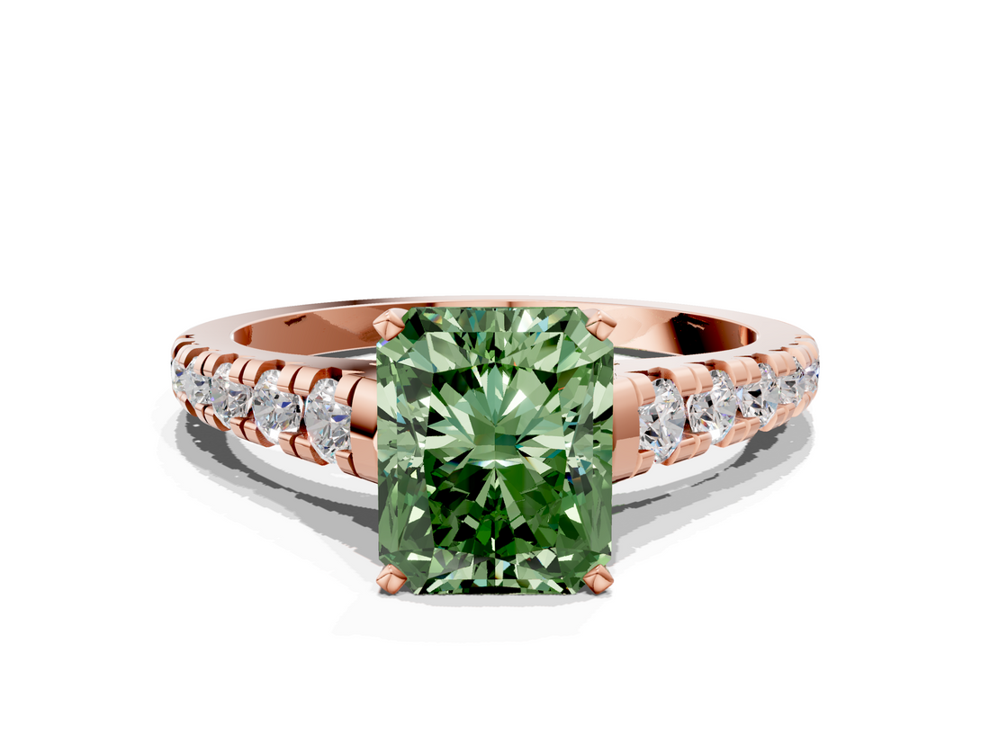 Rose gold Fancy Green Radiant  Cut Diamond Solitaire with Pave Band and Four-Prong Setting_143