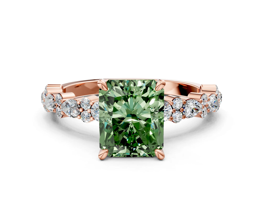 Rose gold Fancy Green Radiant Cut Diamond Solitaire with Side Stones, Pave Band, Four-Prong Setting_102