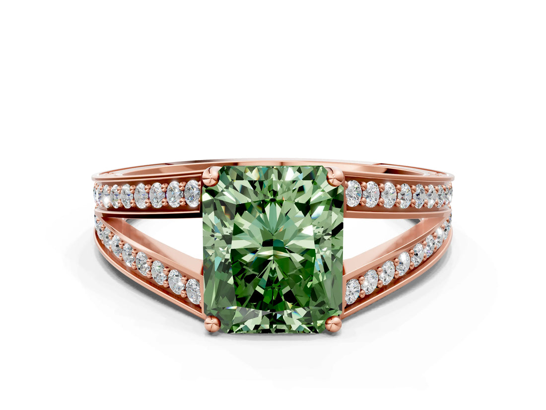 Rose gold Fancy Green Radiant Cut Diamond Split Shank Ring with Pavé Band and Four-Prong Setting_58