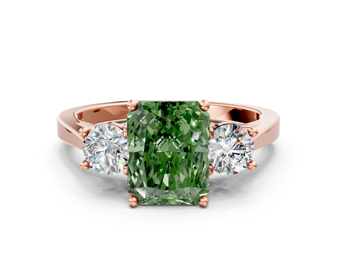 Rose gold Fancy Green Radiant Cut Diamond Three-Stone Engagement Ring with Prong Setting and Pavé Band