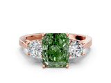 Rose gold Fancy Green Radiant Cut Diamond Three-Stone Engagement Ring with Prong Setting and Pavé Band
