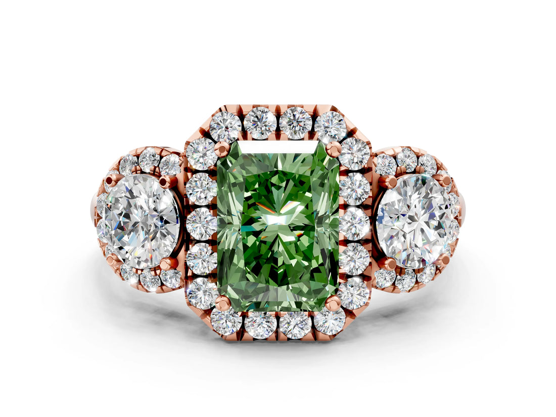 Rose gold Fancy Green Radiant Cut Diamond Three-Stone Halo Ring with Prong Setting and Pavé Accents