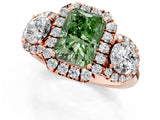 Rose gold Fancy Green Radiant Cut Diamond Three-Stone Halo Ring with Prong Setting and Pavé Accents_1