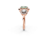 Rose gold Fancy Green Radiant Cut Diamond Three-Stone Halo Ring with Prong Setting and Pavé Accents_2