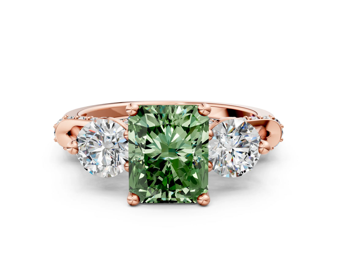 Rose gold Fancy Green Radiant Cut Diamond Three-Stone Ring with Prong Setting and Pavé Band