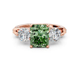 Rose gold Fancy Green Radiant Cut Diamond Three-Stone Ring with Prong Setting and Pavé Band