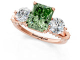 Rose gold Fancy Green Radiant Cut Diamond Three-Stone Ring with Prong Setting and Pavé Band_1