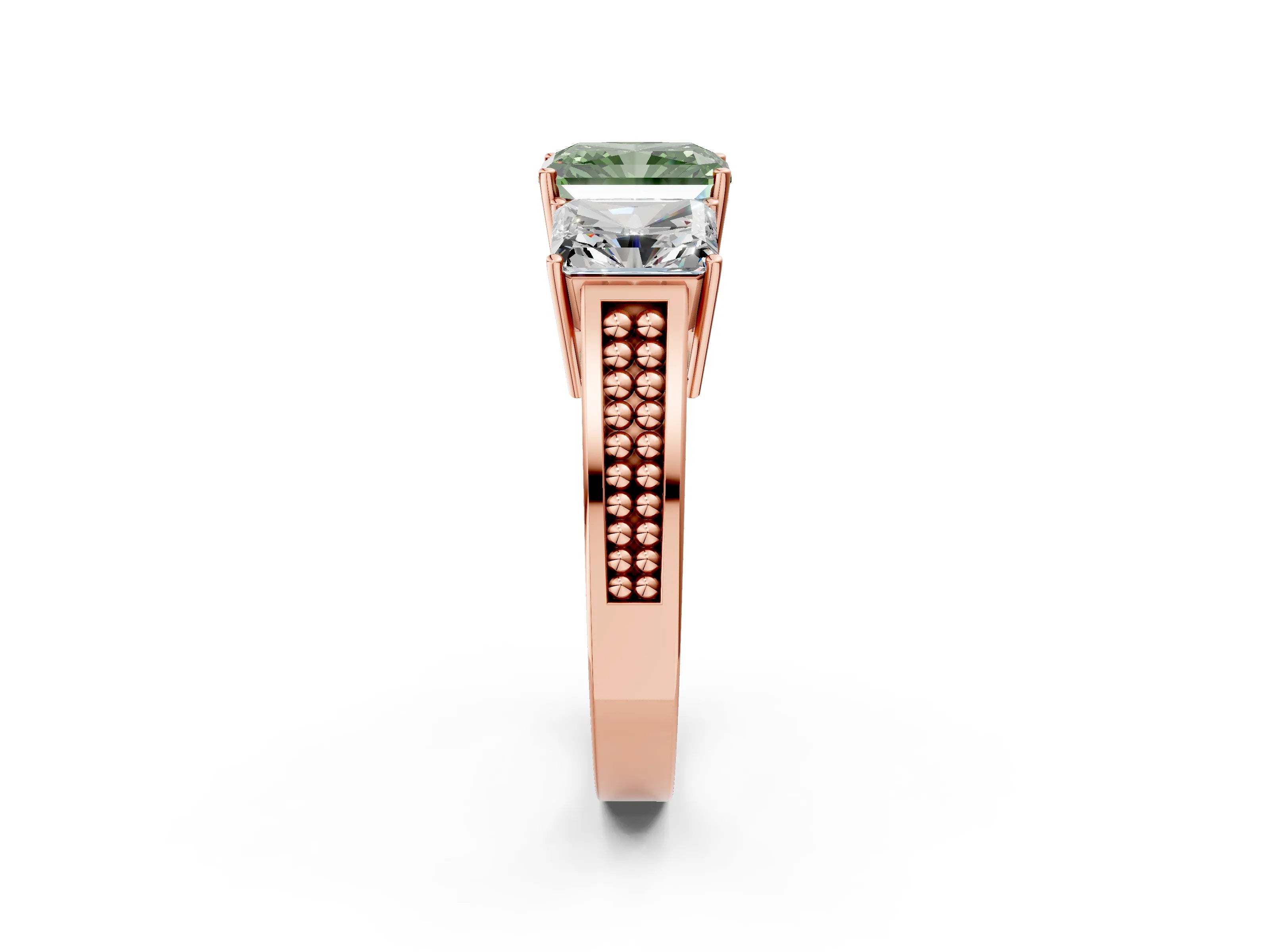 Rose gold Fancy Green Radiant Cut Diamond Three-Stone Ring with Prong Setting and Textured Band_10