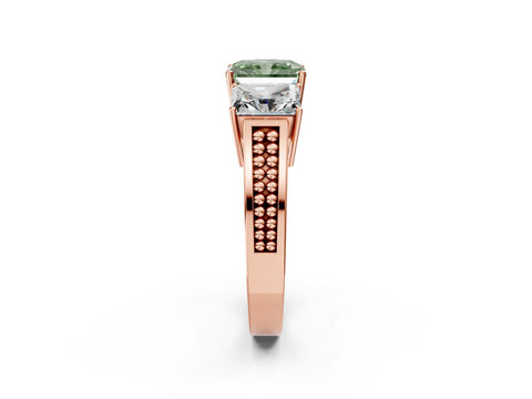 Rose gold Fancy Green Radiant Cut Diamond Three-Stone Ring with Prong Setting and Textured Band_10