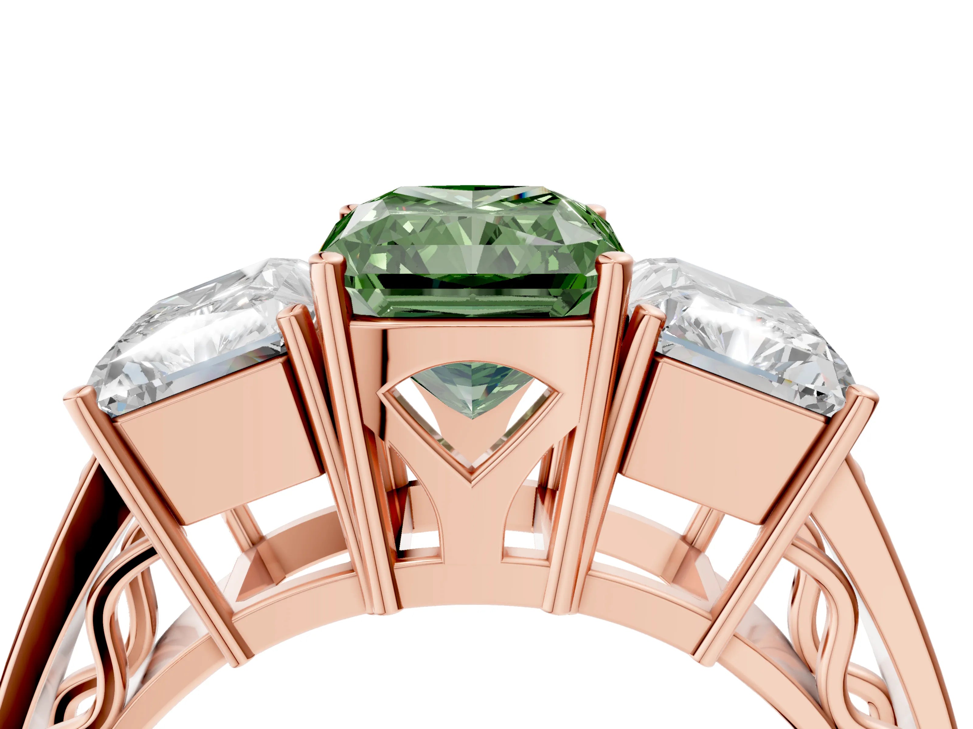 Rose gold Fancy Green Radiant Cut Diamond Three-Stone Ring with Prong Setting and Textured Band_12