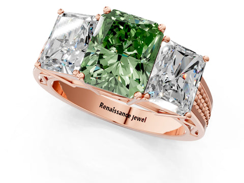 Rose gold Fancy Green Radiant Cut Diamond Three-Stone Ring with Prong Setting and Textured Band_1