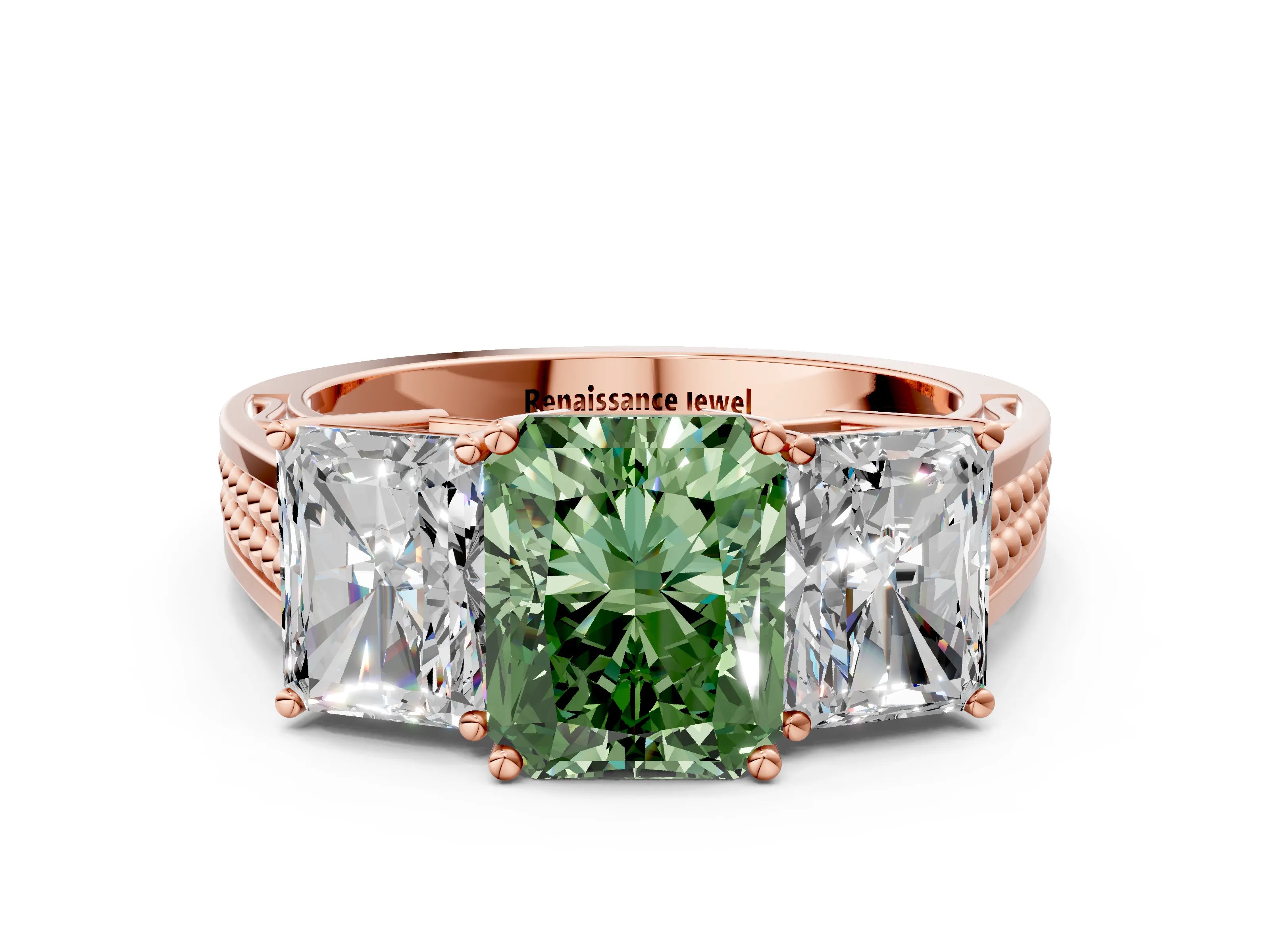 Rose gold Fancy Green Radiant Cut Diamond Three-Stone Ring with Prong Setting and Textured Band_20