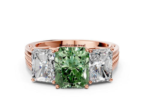 Rose gold Fancy Green Radiant Cut Diamond Three-Stone Ring with Prong Setting and Textured Band_20