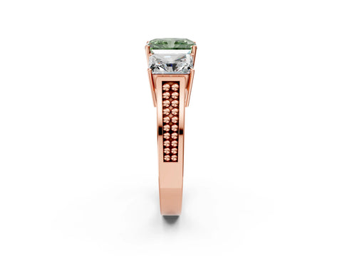Rose gold Fancy Green Radiant Cut Diamond Three-Stone Ring with Prong Setting and Textured Band_2