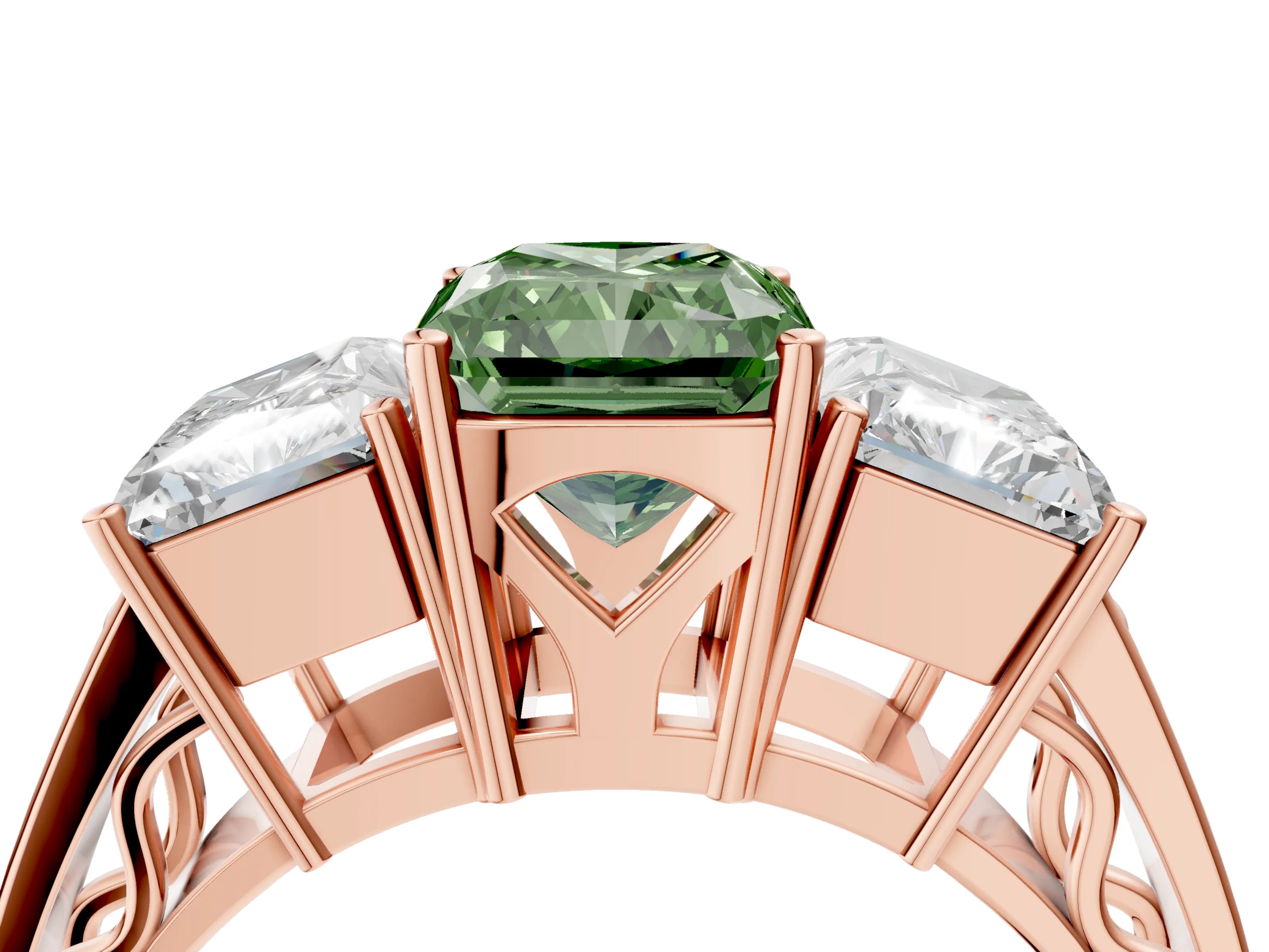 Rose gold Fancy Green Radiant Cut Diamond Three-Stone Ring with Prong Setting and Textured Band_4