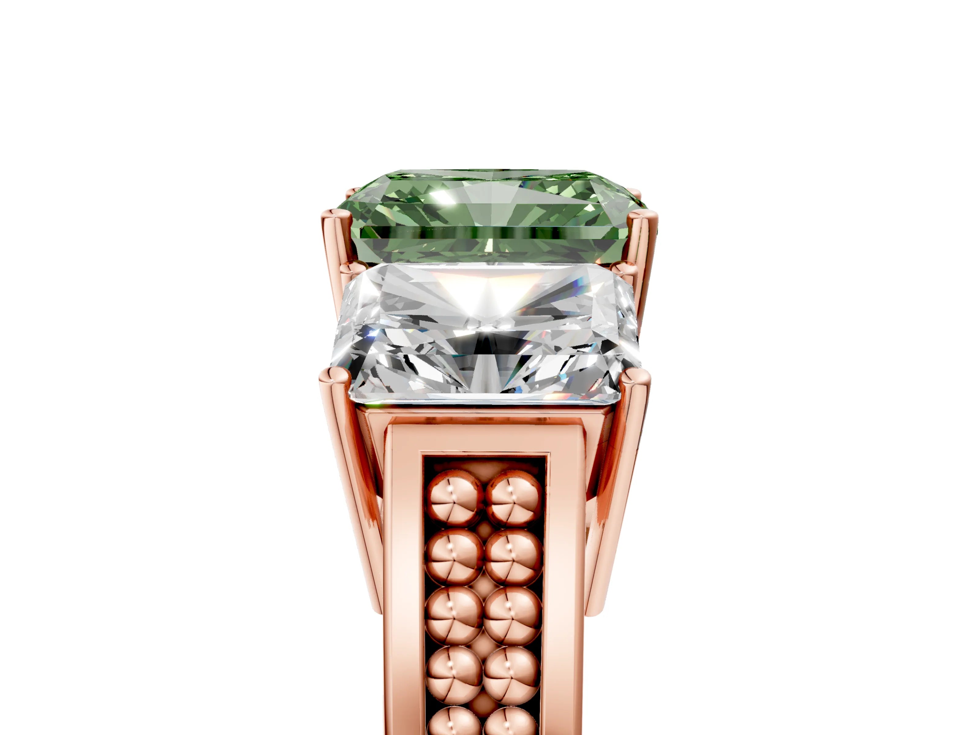 Rose gold Fancy Green Radiant Cut Diamond Three-Stone Ring with Prong Setting and Textured Band_5