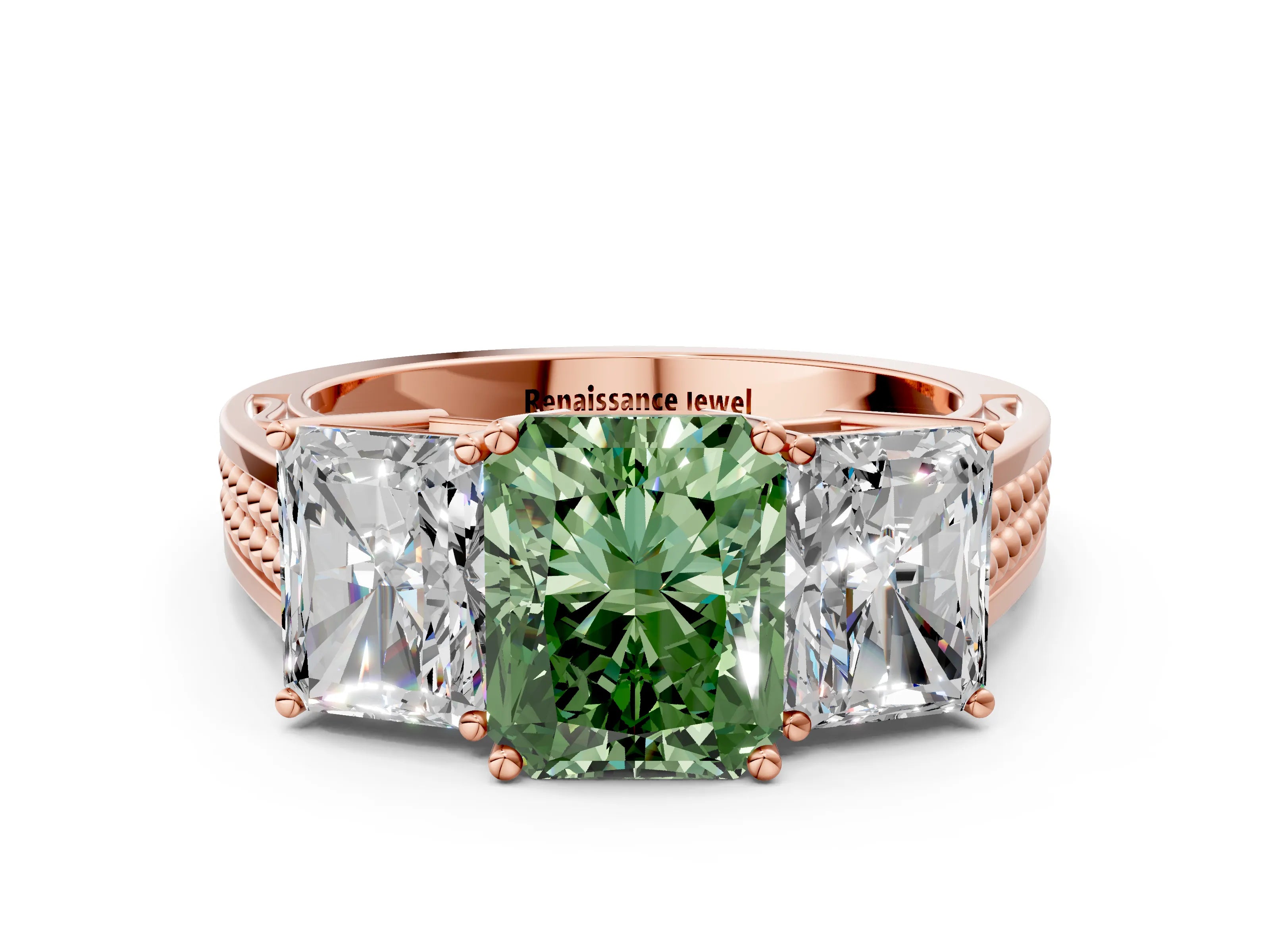 Rose gold Fancy Green Radiant Cut Diamond Three-Stone Ring with Prong Setting and Textured Band_8