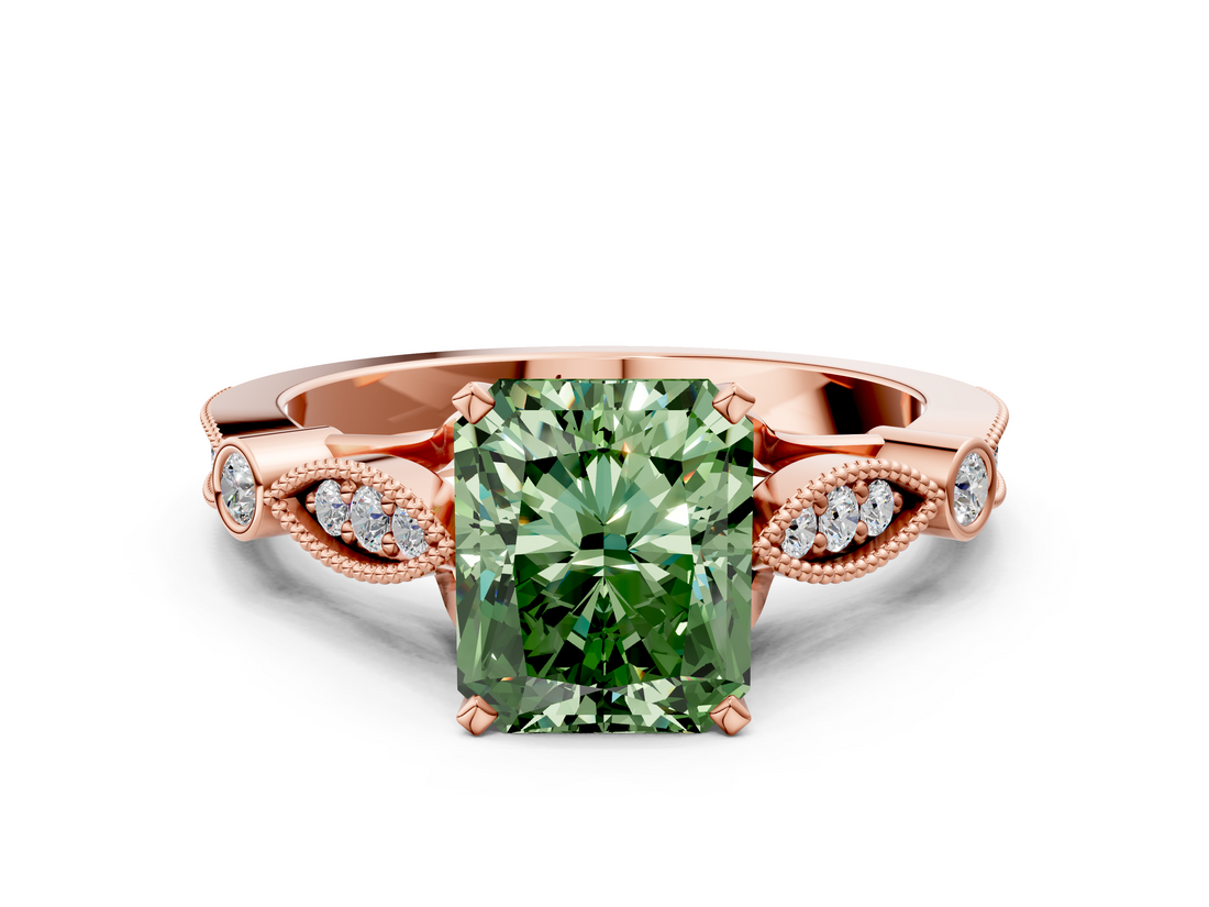 Rose gold Fancy Green Radiant  Cut Diamond with Milgrain Marquise and Bezel Accents on a Solitaire Band with Prong Setting_191