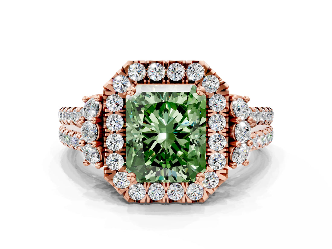 Rose gold Fancy Green Radiant  Cut Double Halo Diamond Engagement Ring with Pave Band and Four-Prong Setting_42
