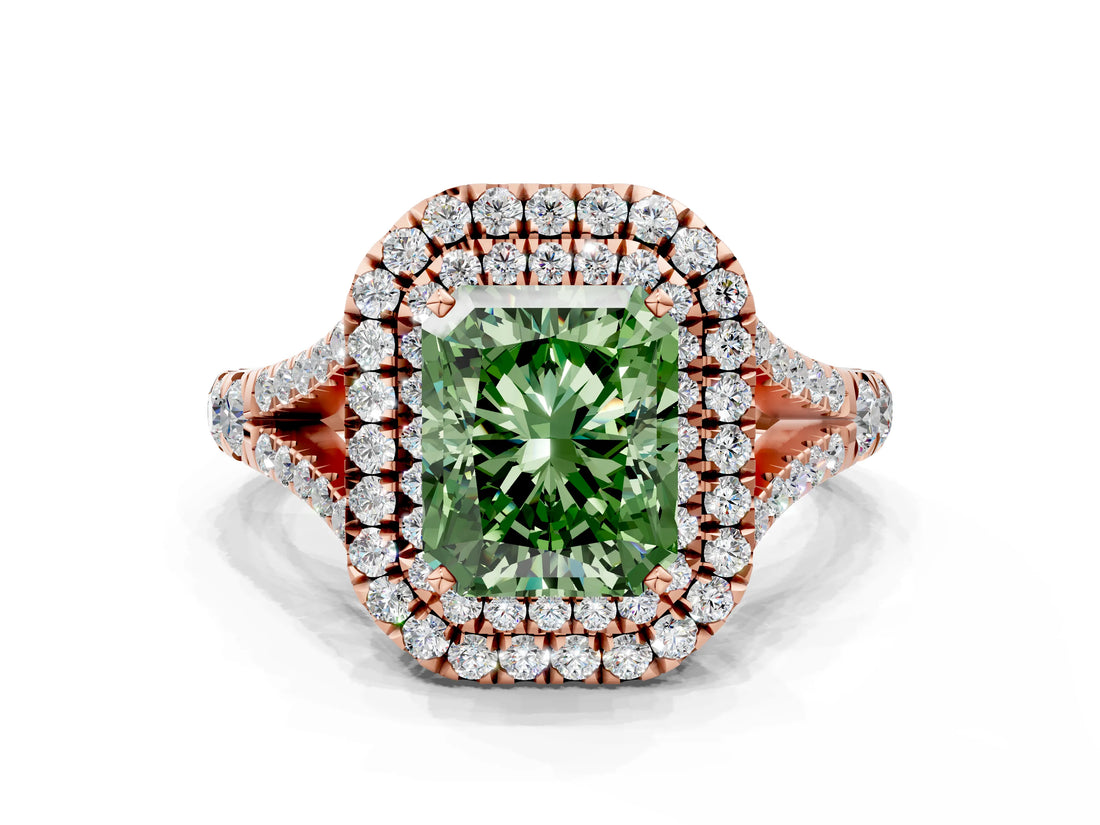 Rose gold Fancy Green Radiant  Cut Double Halo Split Shank Diamond Ring with Prong Setting_49