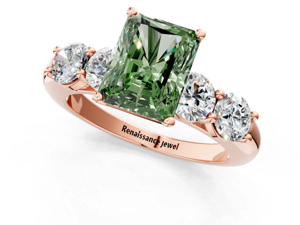 Rose gold Fancy Green Radiant  Cut Five-Stone Prong Set Diamond Ring with Classic Band