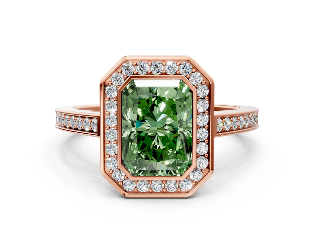 Rose gold Fancy Green Radiant Cut Halo Bezel Diamond Pave Band Ring