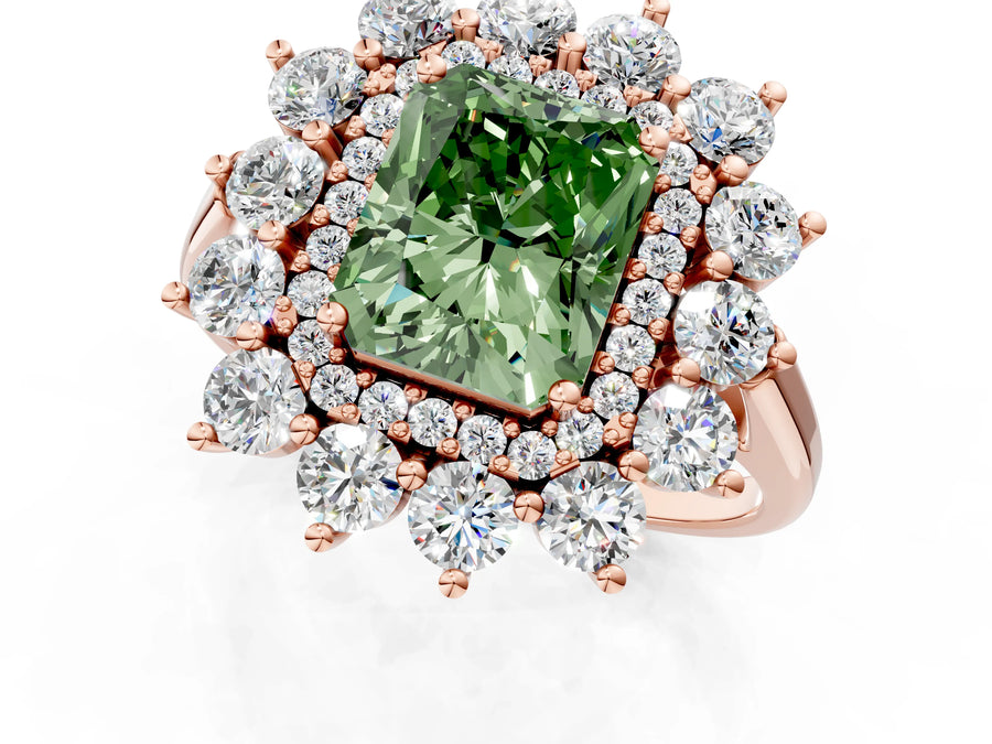 Rose gold Fancy Green Radiant Cut Halo Cluster Diamond Ring with Pave Band and Four-Prong Setting